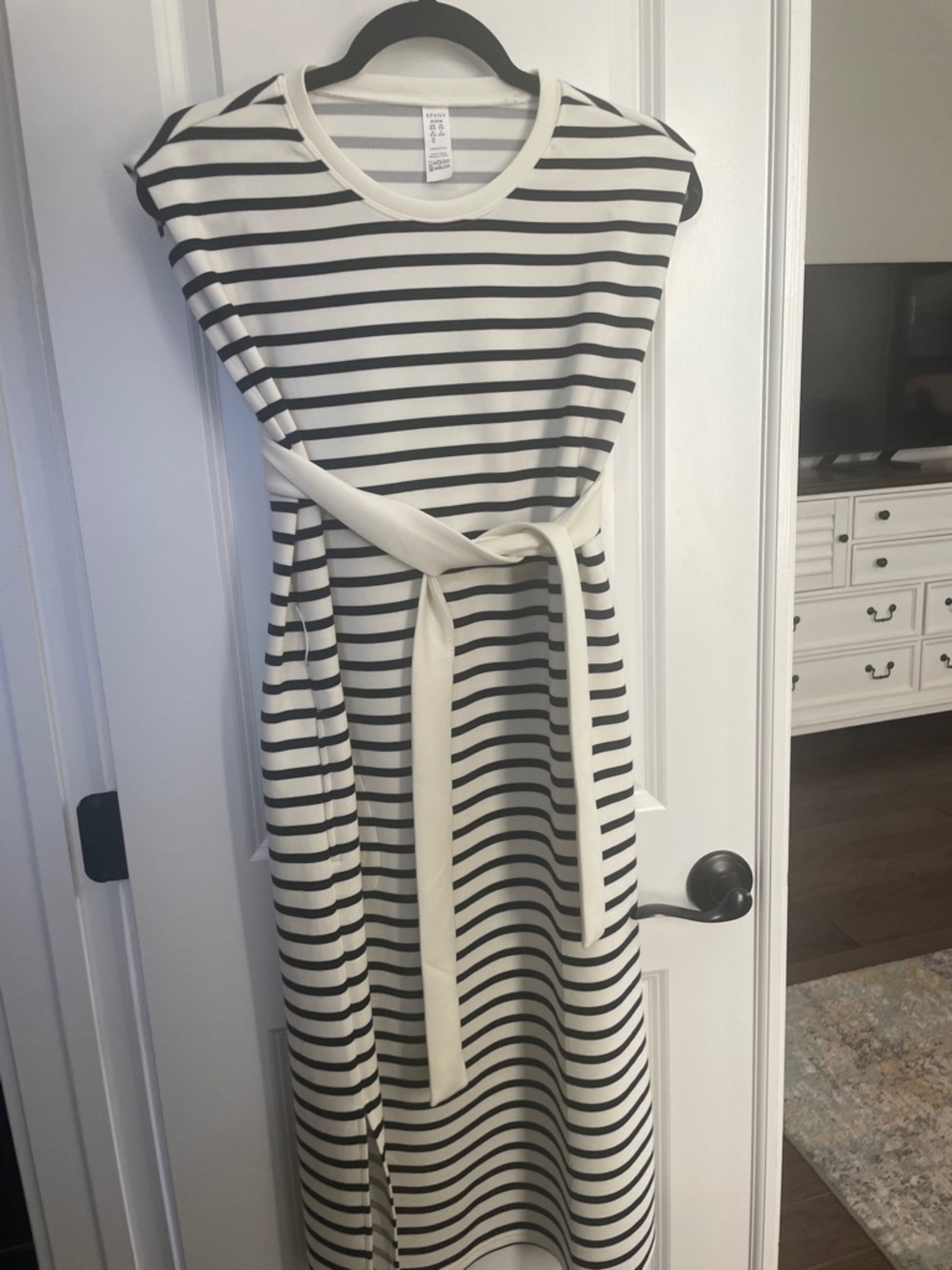 SPANX Black & White Striped Midi Dress with Self-Tie Belt